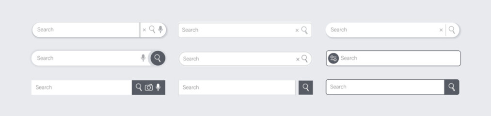 Search bar. Website ui design, search Internet box, browser engine text field, navigation bar with push button. Interface web element vector templates set.