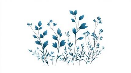 Fototapeta premium Elegant blue botanical illustration featuring various leaf designs and delicate flowers on a white background.
