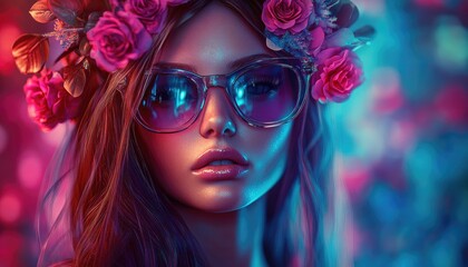 Obraz premium A beautiful woman wearing round sunglasses and colorful floral stands in front of an abstract background, surrounded by vibrant colors and intricate patterns