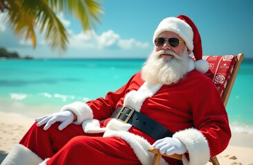 Santa Relaxing on a Tropical Beach in Summer with Sunglasses and Santa Suit