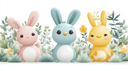 Obraz premium Three adorable cartoon rabbits in pastel colors standing among soft greenery, exuding joy and charm.