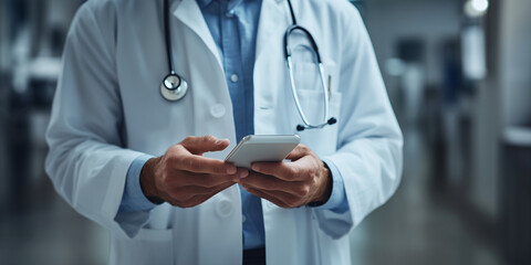 Doctor holding mobile phone for video call,  e-prescription or sick note