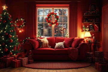 Fototapeta premium Cozy Christmas Living Room with Red Decor and Snowy Window View