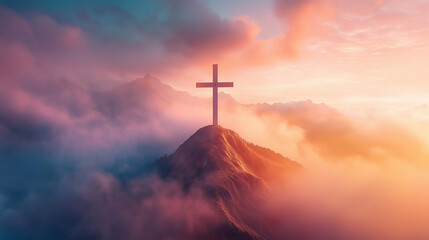 Fototapeta premium A wooden cross stands tall on a mountaintop, bathed in the golden light of a sunrise.