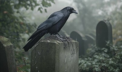 Black crow on a tombstone in a foggy cemetery.