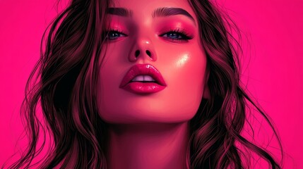 Fototapeta premium A stunning young woman with long brown hair poses against a vibrant pink backdrop, showcasing bold makeup and glossy lips.