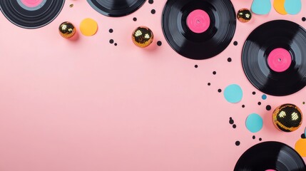 Photo of, Pink background with minimalist retro disco elements like vinyl records and disco balls for design, banner template