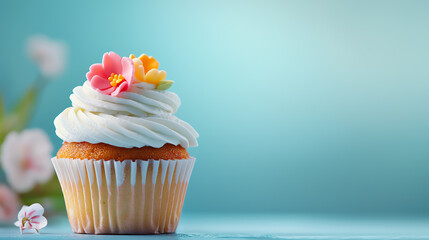 Delightful cupcake topped with colorful floral decorations against a soft blue background