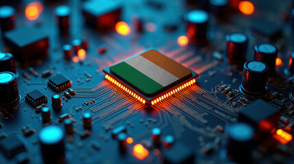 A Irish flagged microchip is centered on a circuit board, surrounded by illuminated components, symbolizing role in semiconductor innovation and technology leadership.