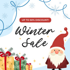 Winter sale banner -  festive gnome, gifts, snowflakes with up to 50% discount on white background. Cute vector illustrations in seasonal Christmas sale concept. For winter promotion, special offer.