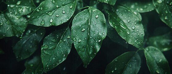 Fototapeta premium Dew Drops on Lush Green Leaves Closeup Photography
