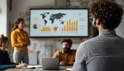 Virtual meeting with diverse team members, Business team engaged in a data presentation with graphs and charts on a large screen, showcasing teamwork and analysis.