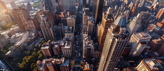 The image shows a bird's eye view of a cityscape with many tall buildings, captured from an elevated perspective.