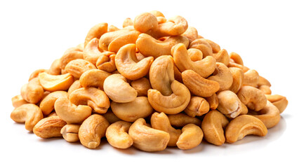 Fototapeta premium Heap of crunchy cashew nuts, isolated on plain white, perfect for snack and health visuals