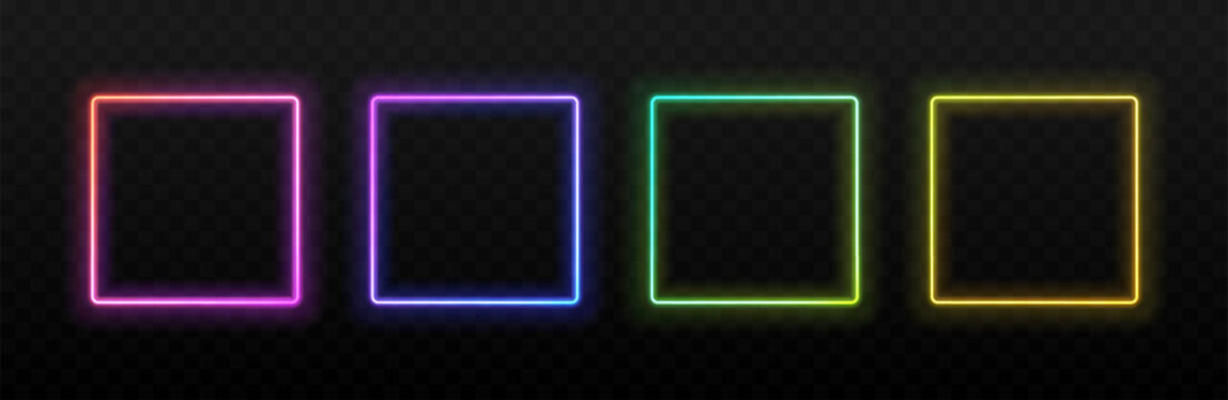 Neon light square frame. Rectangle glowing borders with pink, green and blue, yellow led neon. Shiny futuristic banners. UI line boxes, vibrant border frames vector set.
