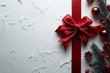 a red ribbon encircling a border with a Christmas theme on a white background.