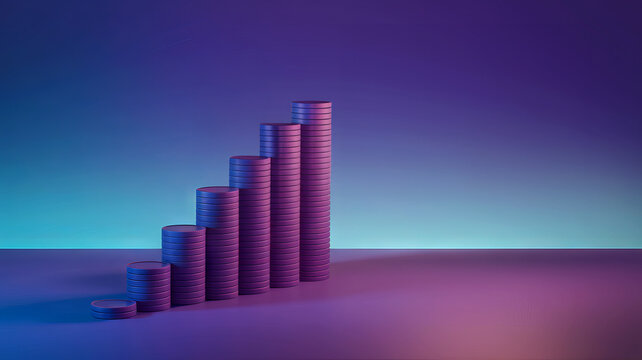 Stacks of coins forming a growing chart on a colorful background.