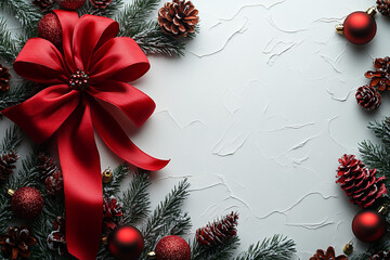 a red ribbon encircling a border with a Christmas theme on a white background.
