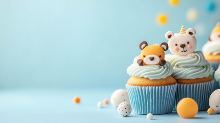 Obraz premium Delightful cupcake treats with adorable animal toppers for a sweet celebration