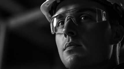 A dedicated construction worker wearing safety glasses and a hard hat concentrates on his work at a bustling construction site. Generative AI