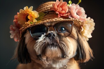 Adorable Shih Tzu Wearing Hat and Sunglasses