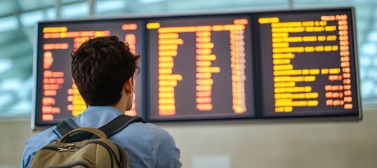 Young man checking flight departure time on airport display