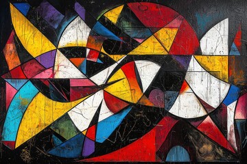Vibrant graffiti-style artwork featuring bold geometric shapes and colorful abstract patterns