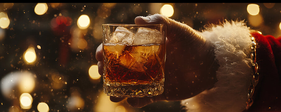 A festive scene featuring Santa Claus’s hand holding a glass of whiskey with ice, surrounded by blurred Christmas lights