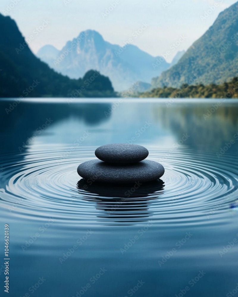 Wall mural tranquil waters a serene view of stacked stones creating ripples in a calm lake surrounded by majest