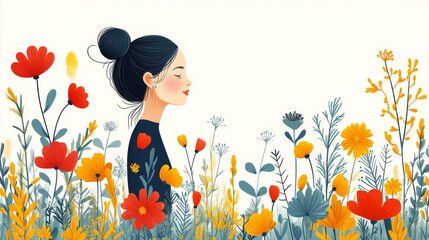 A serene female illustration surrounded by vibrant flowers in soft colors, embodying tranquility and nature's beauty.