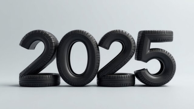 car tire digits 2025 on grey background, tire service postcard, car sales concept for New Year and Christmas promotions.