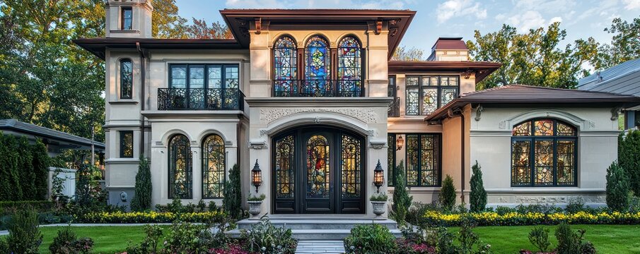 Suburban Art Nouveau home with elegant early 20th-century design, floral ironwork, and stained glass.
