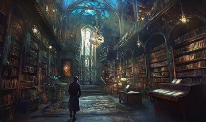 A lone figure walks through an ancient library.