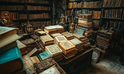 Obraz premium Old books in a dimly lit library.