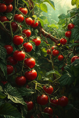 A bunch of ripe red tomatoes hanging from a tree