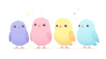 Fototapeta premium Four adorable cartoon birds in pastel colors, showcasing vibrant personalities against a soft, whimsical background.