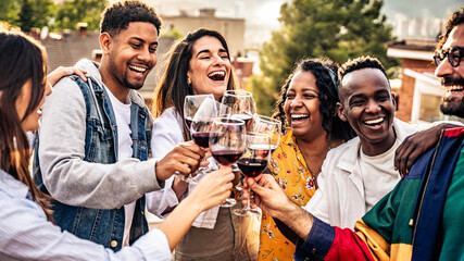 Happy friends toast with red wine at a vineyard - Group of young people enjoying happy hour at rooftop winery bar - Gathering and beverage life style concept