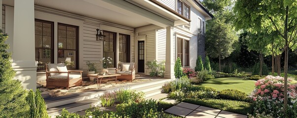 Fototapeta premium An American suburban home with a welcoming porch and meticulous landscaping.