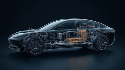 Obraz premium Transparent side view illustration of an electric car with visible battery pack and internal components, highlighting automotive technology and engineering design.