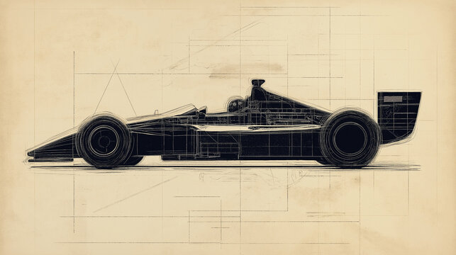 Formula 1 Car&rsquo;s Shadow Cast on Vintage Blueprint 