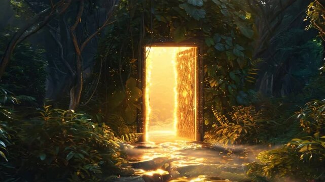 Mystical door surrounded by lush greenery opens to radiant sunlight, inviting exploration and adventure in vibrant forest filled with magical plants and natures wonders.