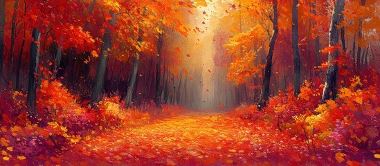 A pathway through a vibrant autumn forest with falling leaves, illuminated by a warm light.
