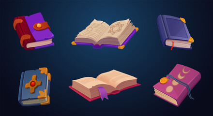 Set of magical books, both open and closed, each with unique designs and mystical symbols. Vector illustration

