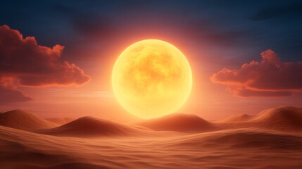 Fototapeta premium Golden sun setting over serene desert landscape