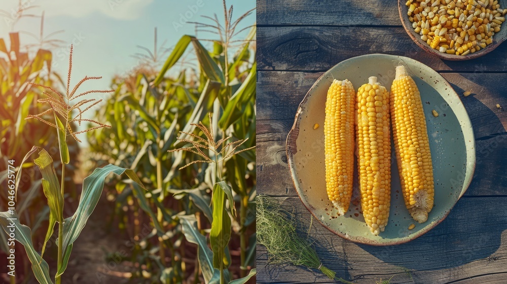 Canvas Prints A vibrant image showcasing the journey of corn from field to table. The left side captures the lush green cornfield, while the right side presents three golden corn cobs ,from crop to dish