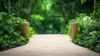 Serene pathway through lush greenery in a tropical garden