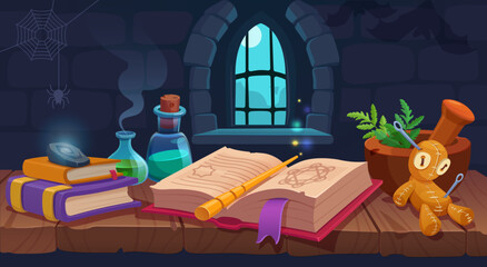 Mystical spellcasting table.  Magic books, a magic wand, potions, a voodoo doll, and mystical herbs on a wooden table in a dark wizard’s room. A fantasy vector illustration