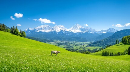 Fototapeta premium Serene alpine landscape with grazing cow and snow-capped peaks