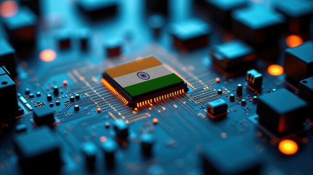 A India flagged microchip sits at the center of a circuit board, surrounded by glowing components, symbolizing role in technological innovation and semiconductor design.