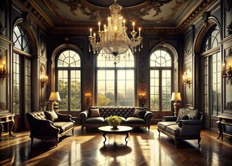 Opulent Vintage Room with Classic Furniture, Large Windows, Mirrors, Chandeliers, and Sophisticated Sofa for Luxury Fashion Photography